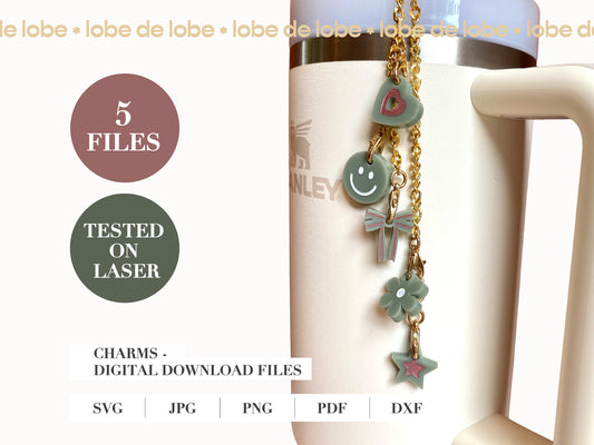 Smiley face, Flower, Heart, Star, Ribbon Laser Engraved Charms Digital Download