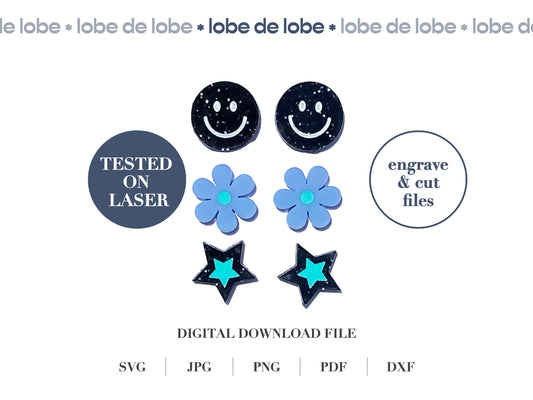 A collection of digital download files for laser cut earrings in various shapes including a smiley face, flower, and star. The image shows the earrings tested on laser equipment and indicates the files are available in multiple formats such as SVG, JPG, PNG, PDF, DXF.