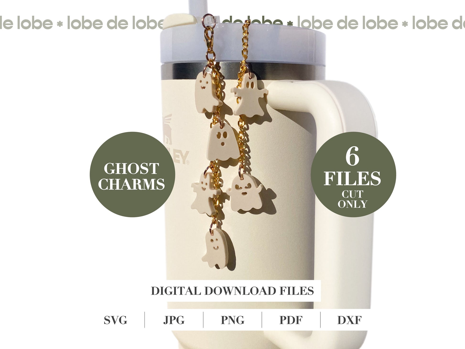 An image featuring a digital download for laser cut ghost charms, indicating the files come in SVG, JPG, PNG, PDF, DXF formats.