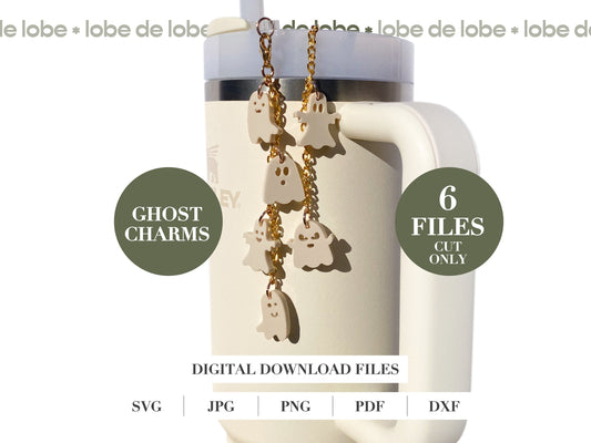 An image featuring a digital download for laser cut ghost charms, indicating the files come in SVG, JPG, PNG, PDF, DXF formats.