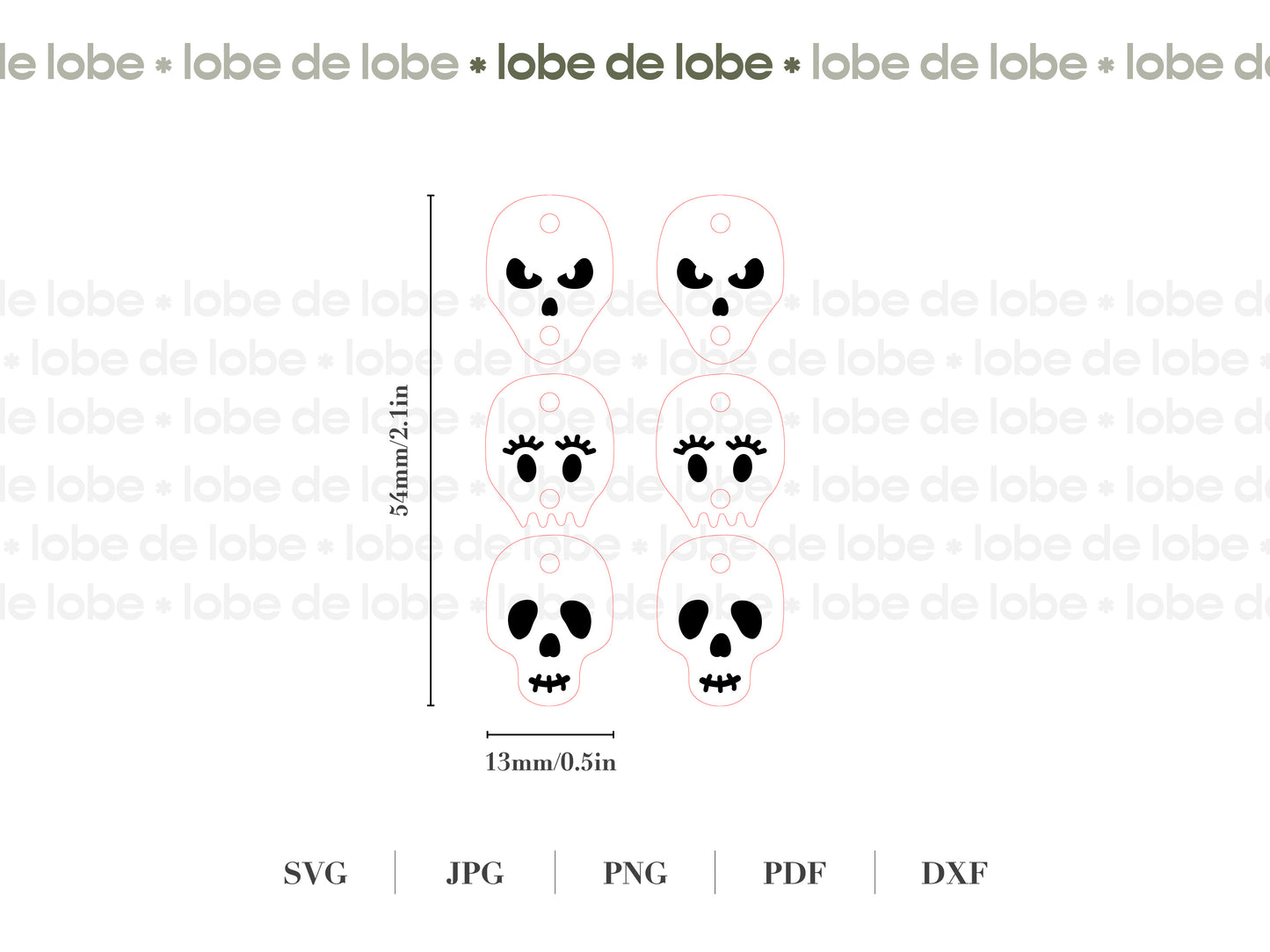 Set of skull designs with measurements on a white background, featuring the brand 'lobe de lobe'.