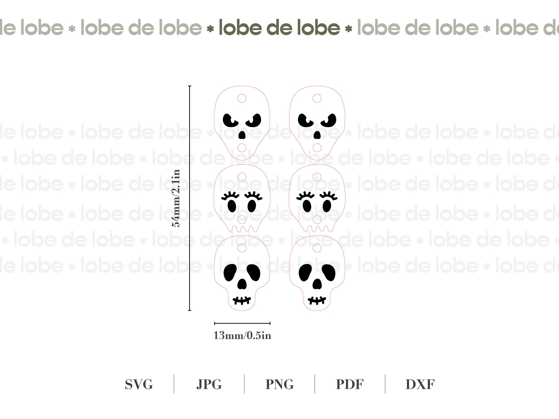 Set of skull designs with measurements on a white background, featuring the brand 'lobe de lobe'.