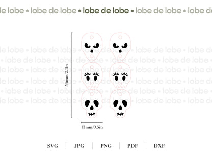 Set of skull designs with measurements on a white background, featuring the brand 'lobe de lobe'.