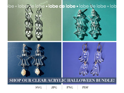 Clear acrylic ghost-shaped earrings on a colorful background with 'lobe de lobe' branding.