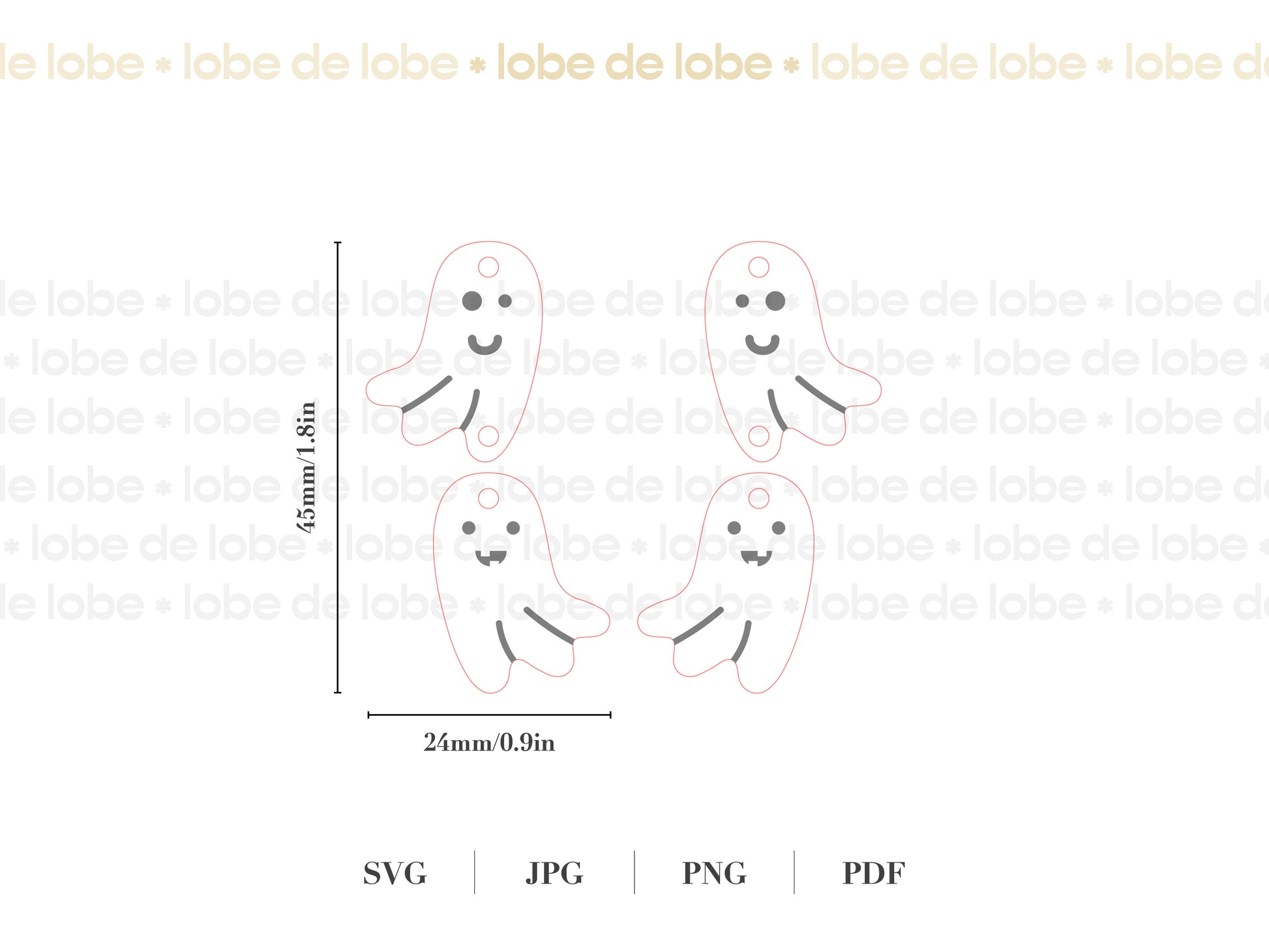 Lobe de lobe jewelry design with measurements on a white background.