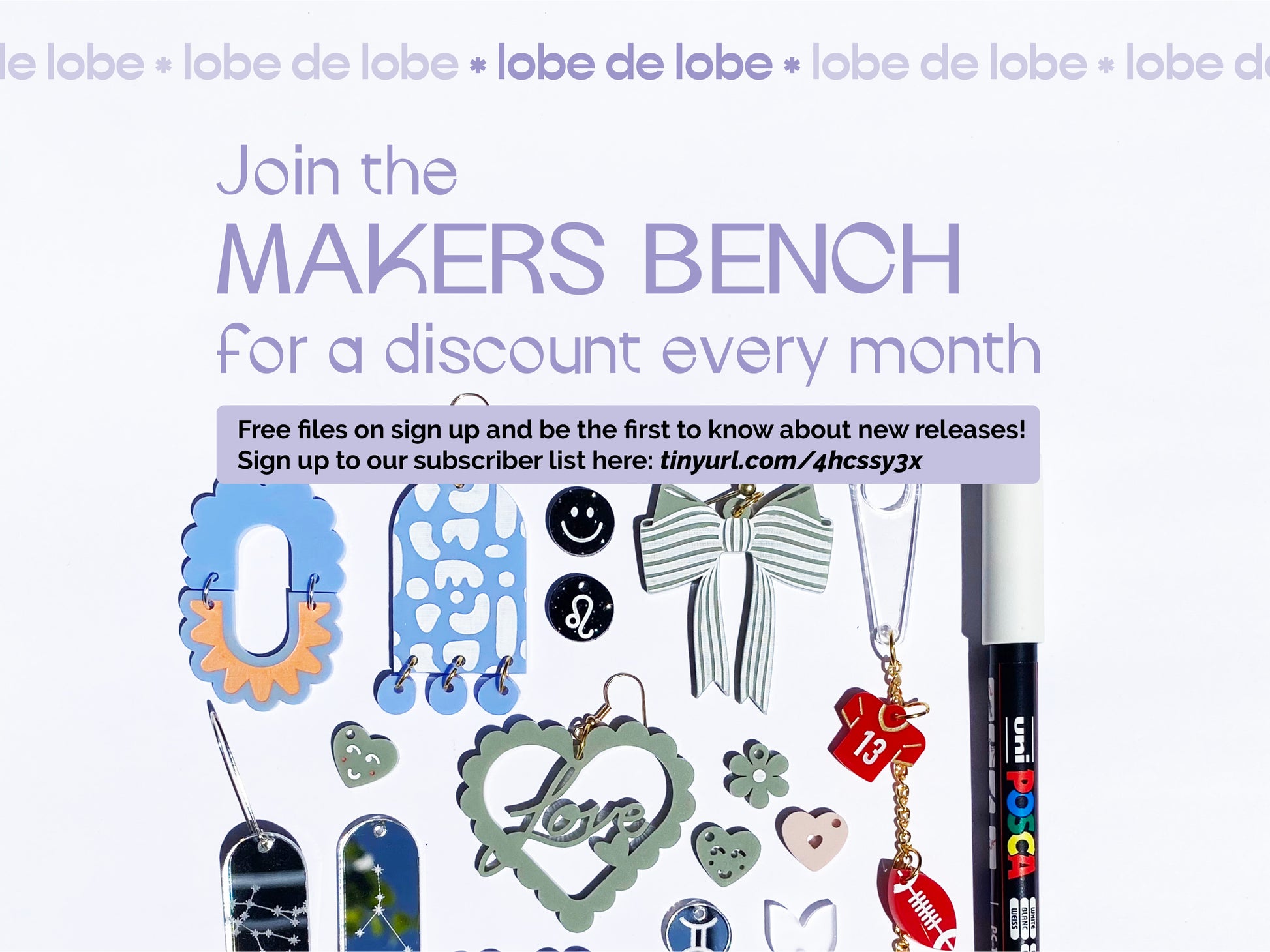 Promotional flyer for 'Lobe de Lobe' with decorative items and a call to action for subscription to 'The Makers Bench'.