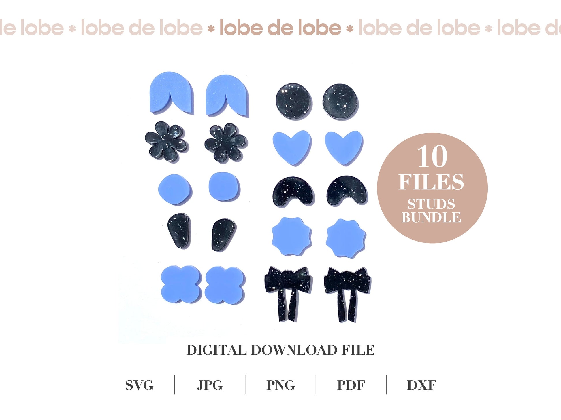A collection of digital download files for stud earrings in various shapes such as hearts, flowers, and leaves, suitable for laser cutting or acrylic crafting.