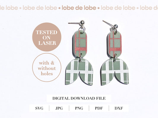 Digital download file for making tartan tulip laser engraved earrings, showing the pattern tested on laser with and without holes, available in multiple file formats such as SVG, JPG, PNG, PDF, DXF.