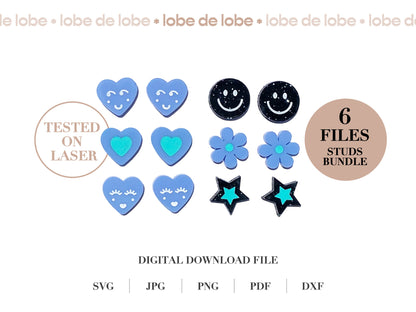 Laser Cut Design FIles Sweet studs bundle | Love heart Valentines earring template | Flower Star Studs