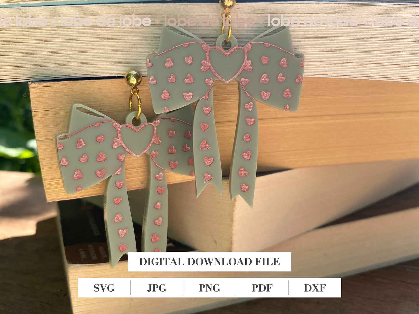 Coquette Ribbon Bow with Heart Engrave Laser Cut Earrings Digital Download
