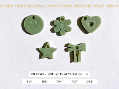 Smiley face, Flower, Heart, Star, Ribbon Laser Engraved Charms Digital Download