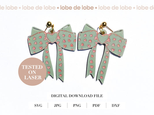 Coquette Ribbon Bow with Heart Engrave Laser Cut Earrings Digital Download