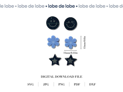 Laser Cut Design Files Cute Stud Bundle Sweet flower Smiley Face Star earring template svg Files